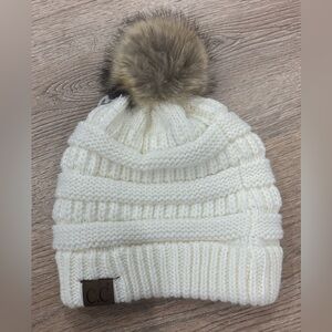 C.C White Knit Beanie Hat with Faux‎ Fur Pom | Women’s Winter Cable Knit